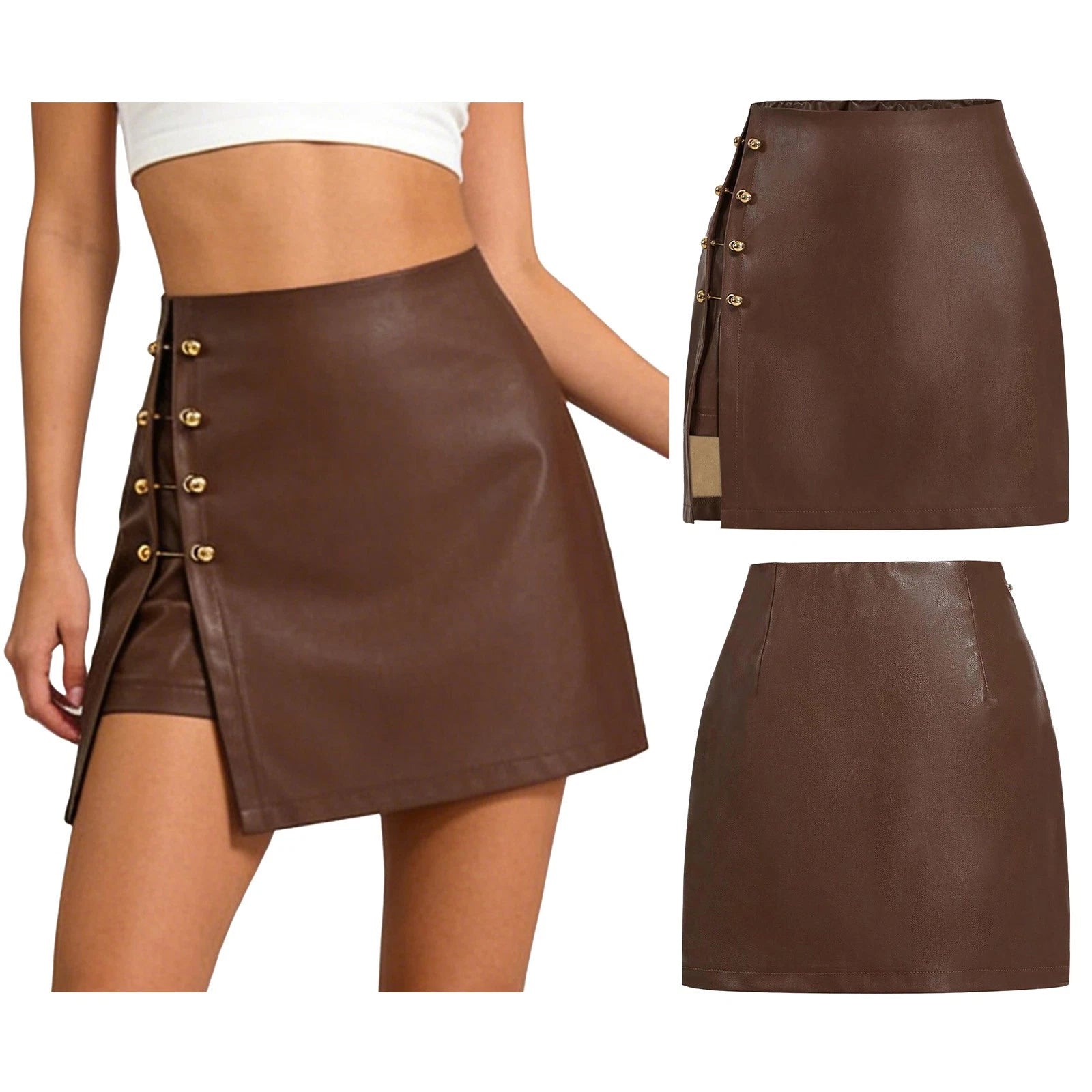 High-waisted brown faux leather bodycon pencil skirt