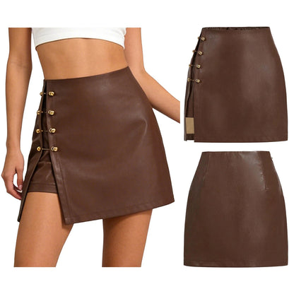 High-waisted brown faux leather bodycon pencil skirt