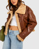 Brown Shearling Jacket for Women in Cropped Leather Bomber Style
