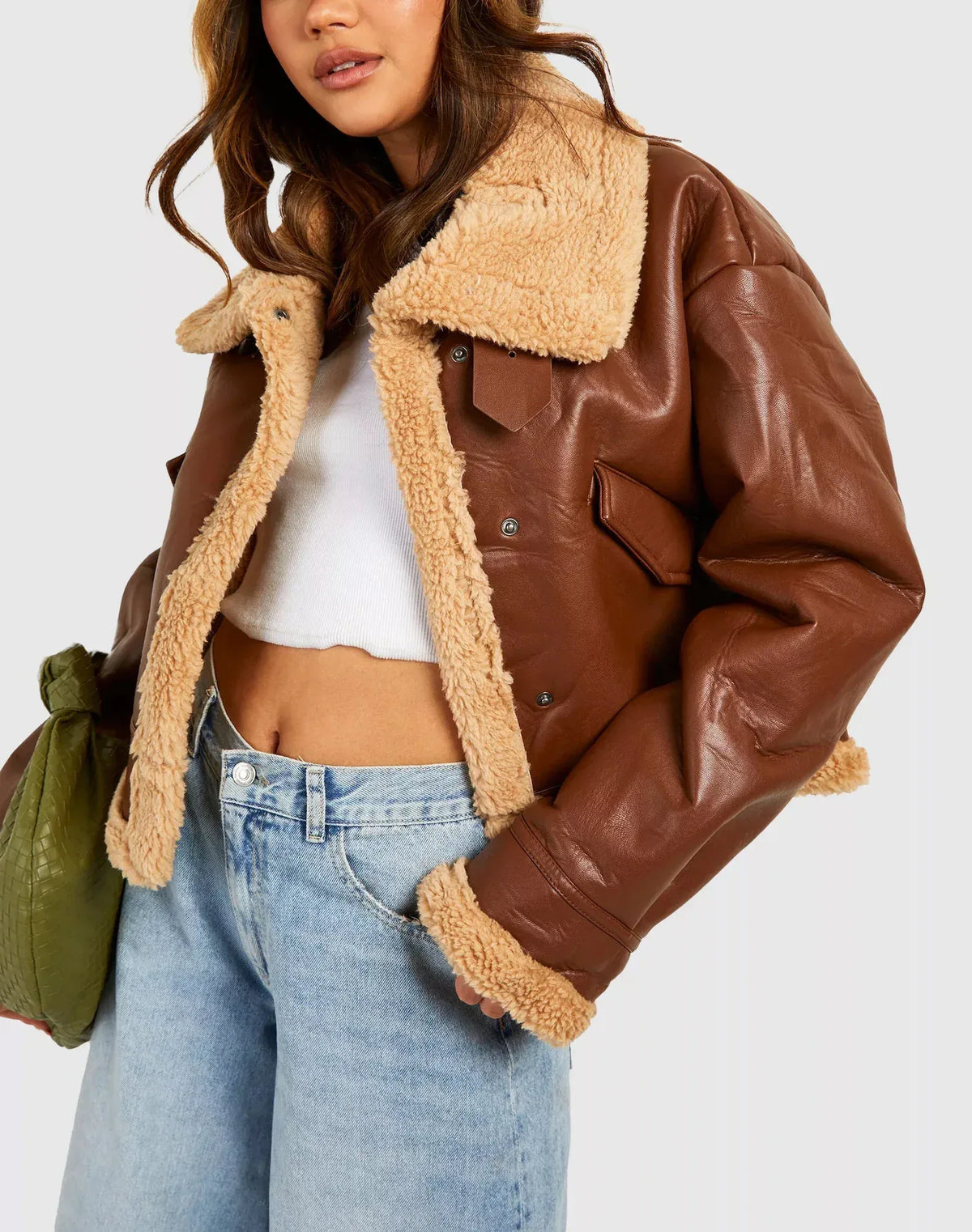 Brown Shearling Jacket for Women in Cropped Leather Bomber Style