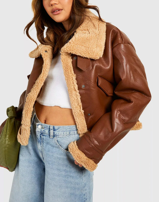 Brown Shearling Jacket for Women in Cropped Leather Bomber Style