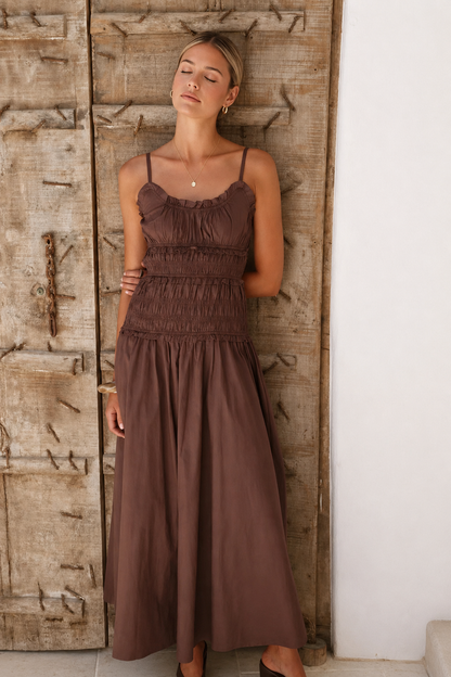 Smocked Spaghetti Strap Ruffle Trim Beach Maxi Dress