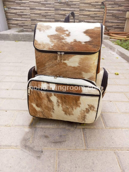 Cowhide Diaper Backpack Brown White