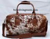 Brown White Cowhide Duffle Bag with Leather Trim