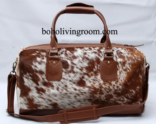 Brown White Cowhide Duffle Bag with Leather Trim