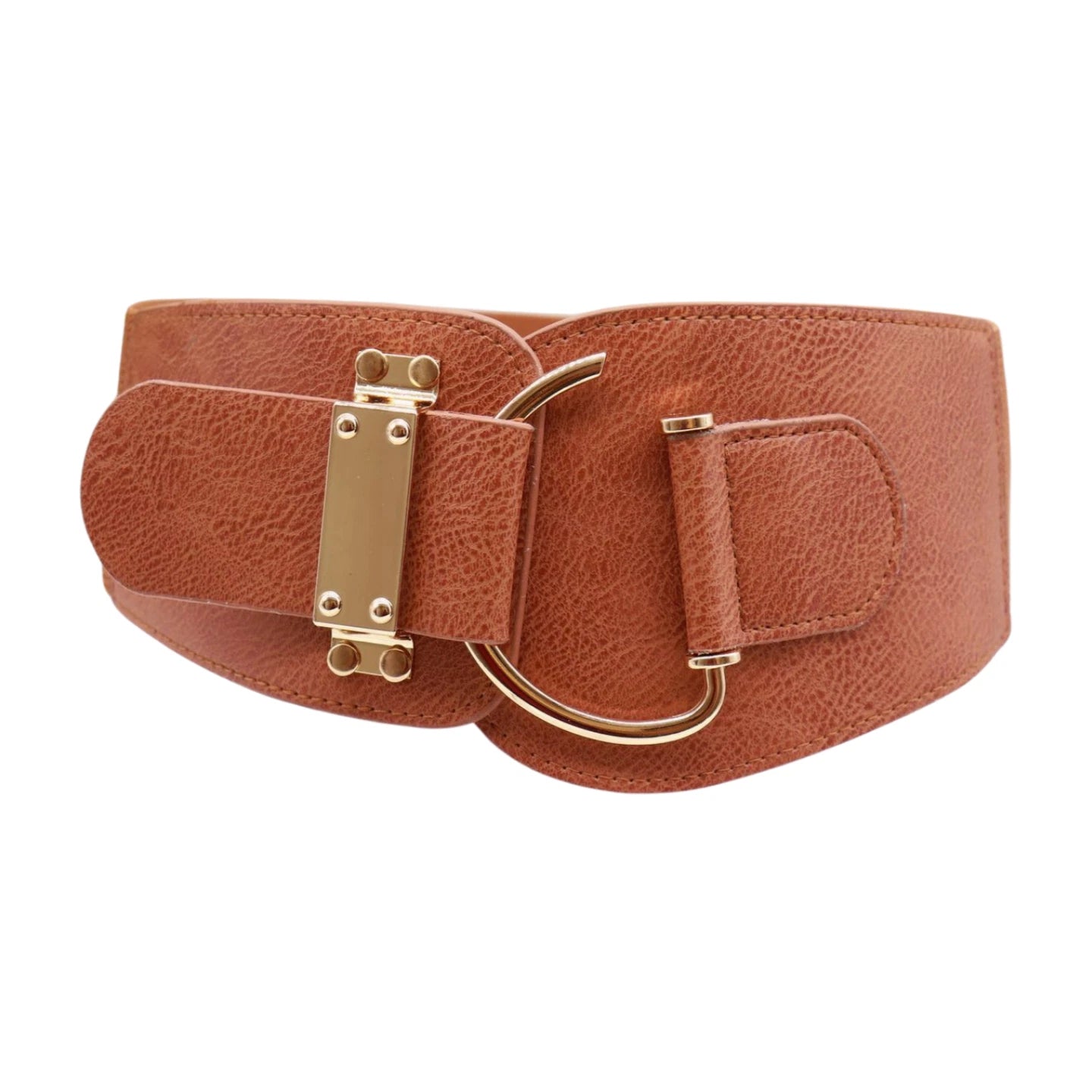 Adjustable wide waist belt faux leather women gold hook