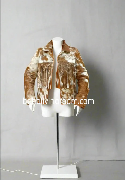 cowhide jacket brown white fur hair on hide women