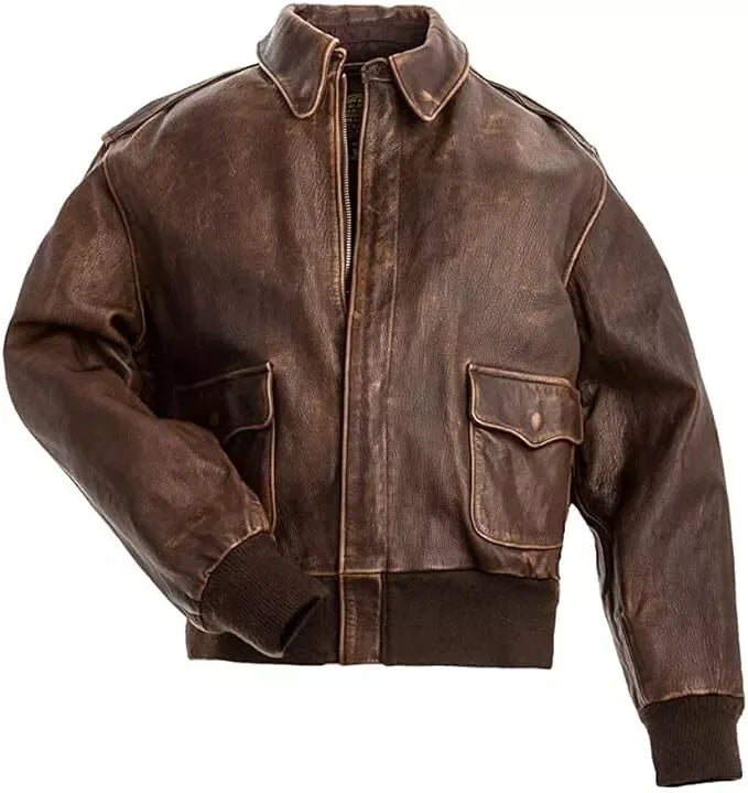 Men's Real Leather Aviator Jacket in Distressed Brown