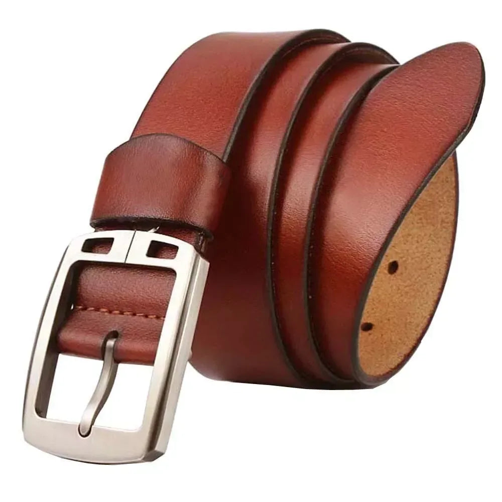 Men’s Cowhide Belt with Rectangular Silver Buckle