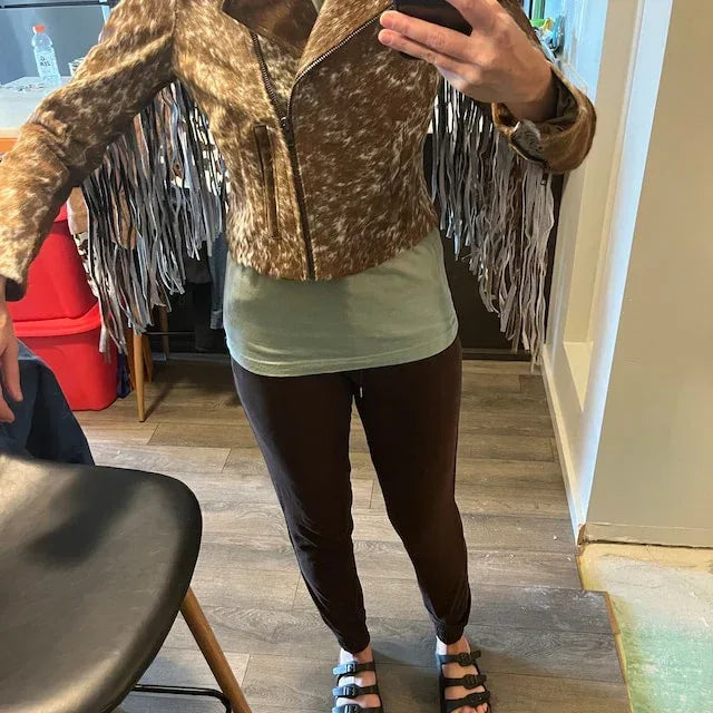 cowhide jacket brown white fringe
