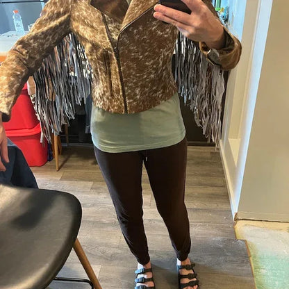cowhide jacket brown white fringe