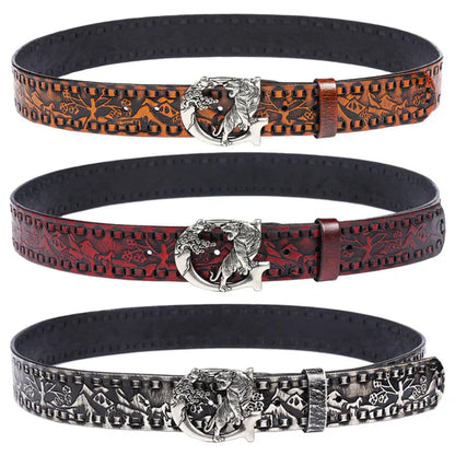 Women's Embossed Leather Belt with Tiger Buckle