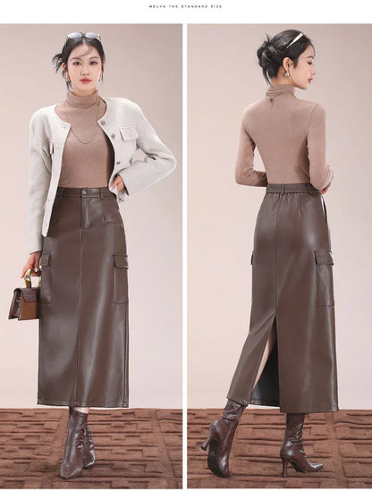 Flap Pocket Split Thigh Imitation Leather Skirt