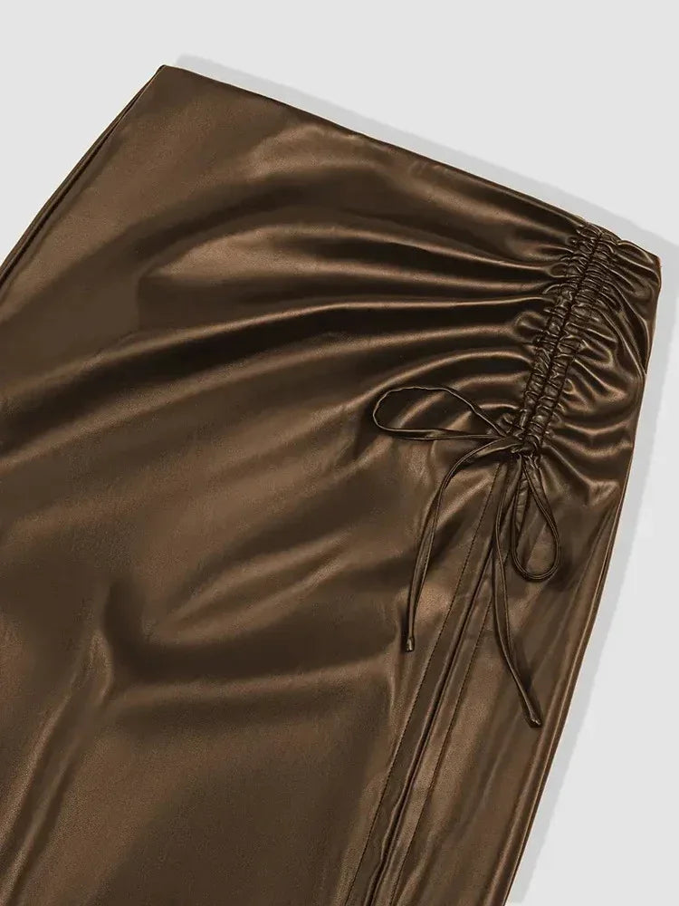 Brown Faux Leather Midi Skirt with Side Slit
