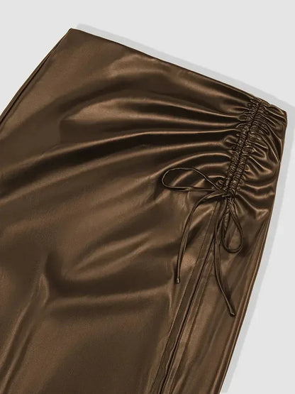Brown Faux Leather Midi Skirt with Side Slit