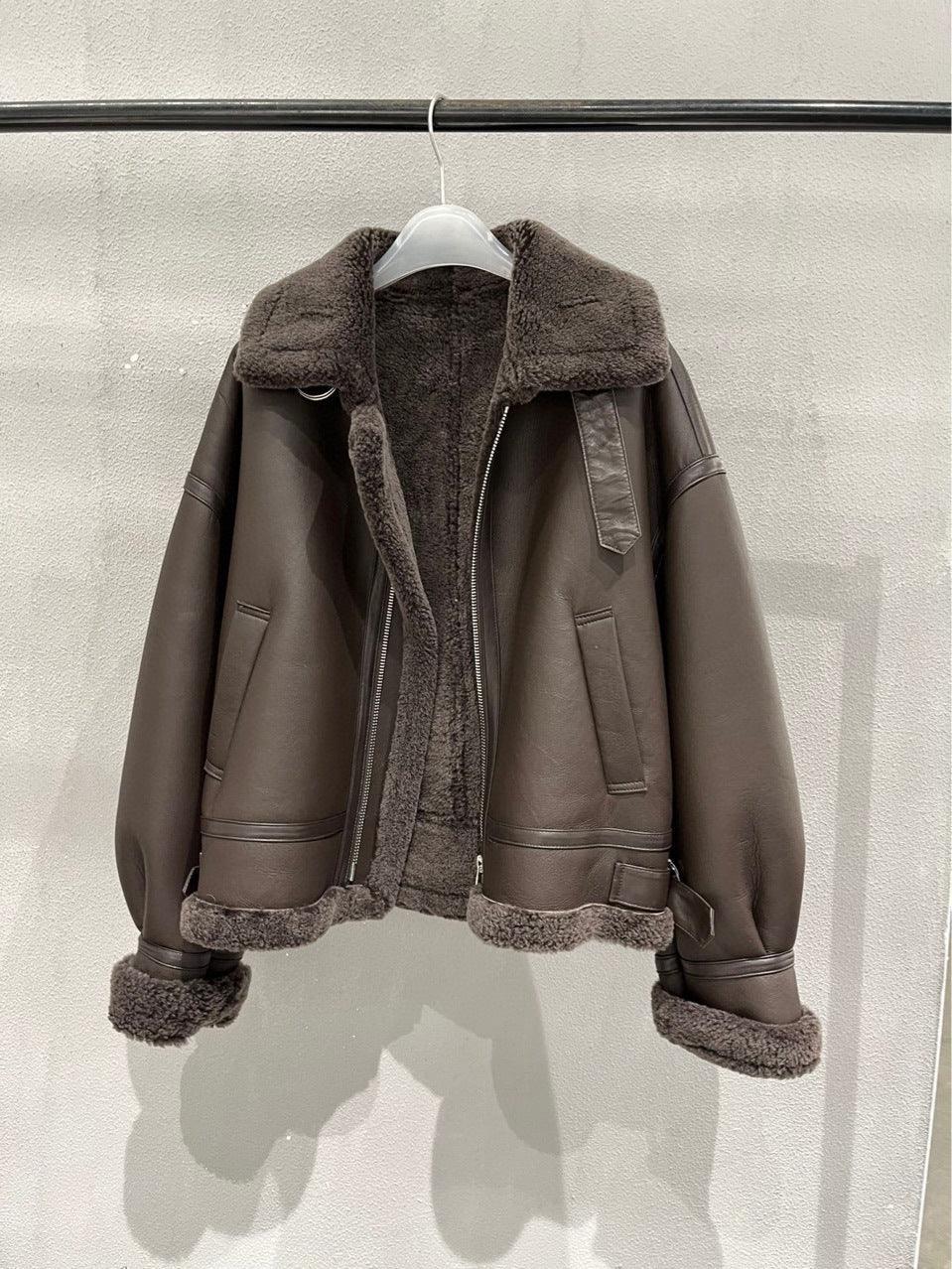 Women's Brown Fur Lined Lambskin Bomber Jacket