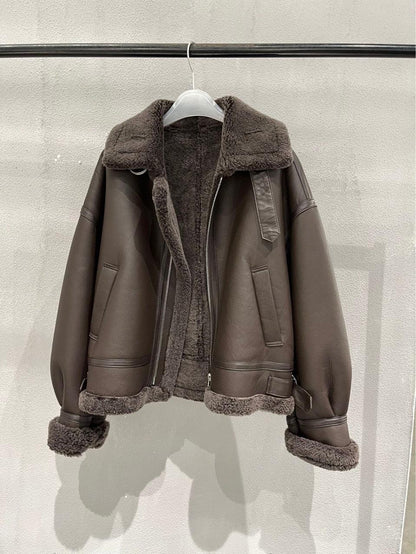 Women's Brown Fur Lined Lambskin Bomber Jacket