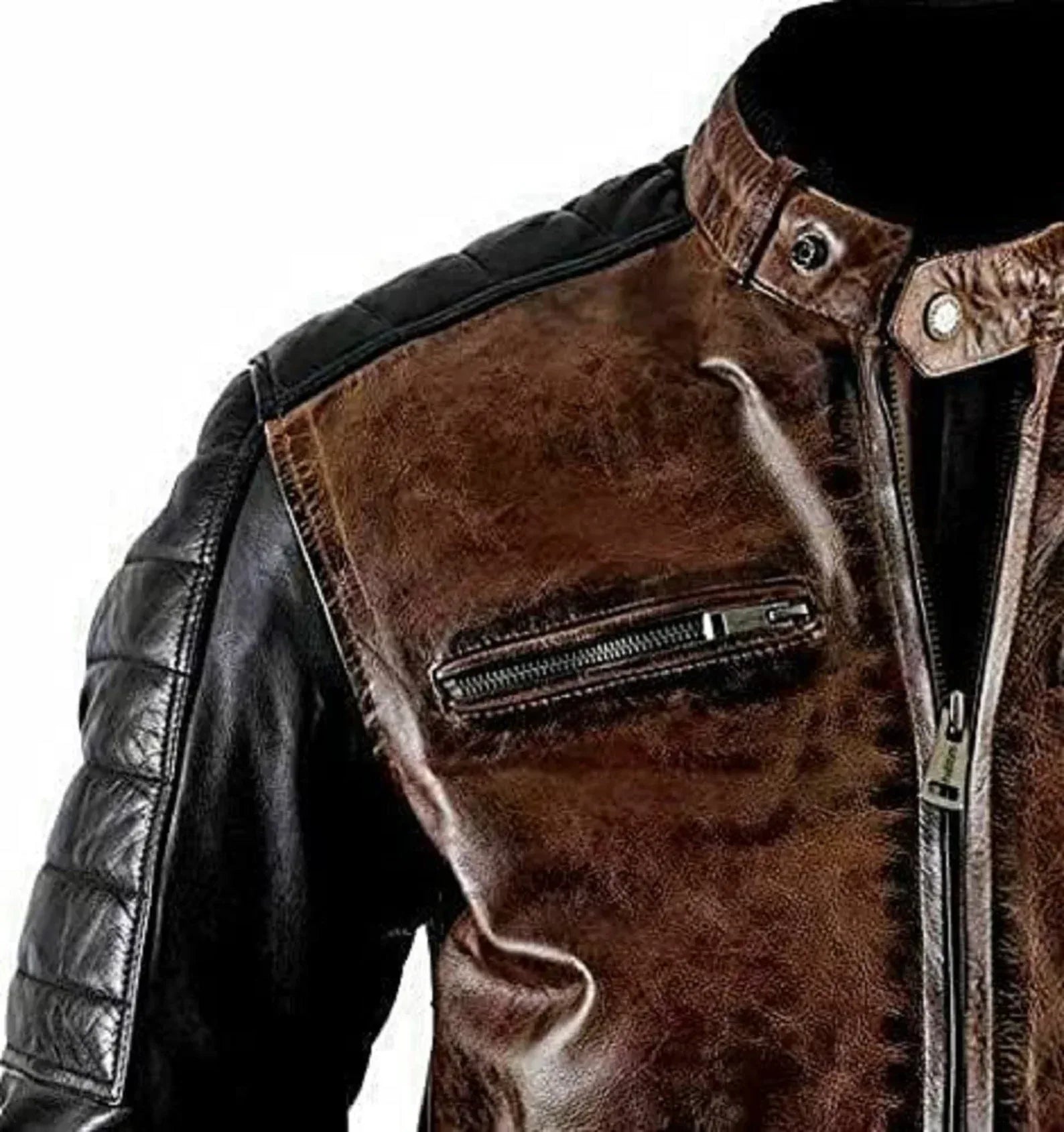 mens leather jacket quilted sleeves brown biker jacket