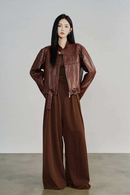 Genuine Leather Zip Up Women Jacket Brown Moto Biker Style
