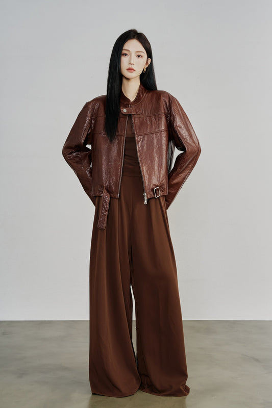 Genuine Leather Zip Up Women Jacket Brown Moto Biker Style