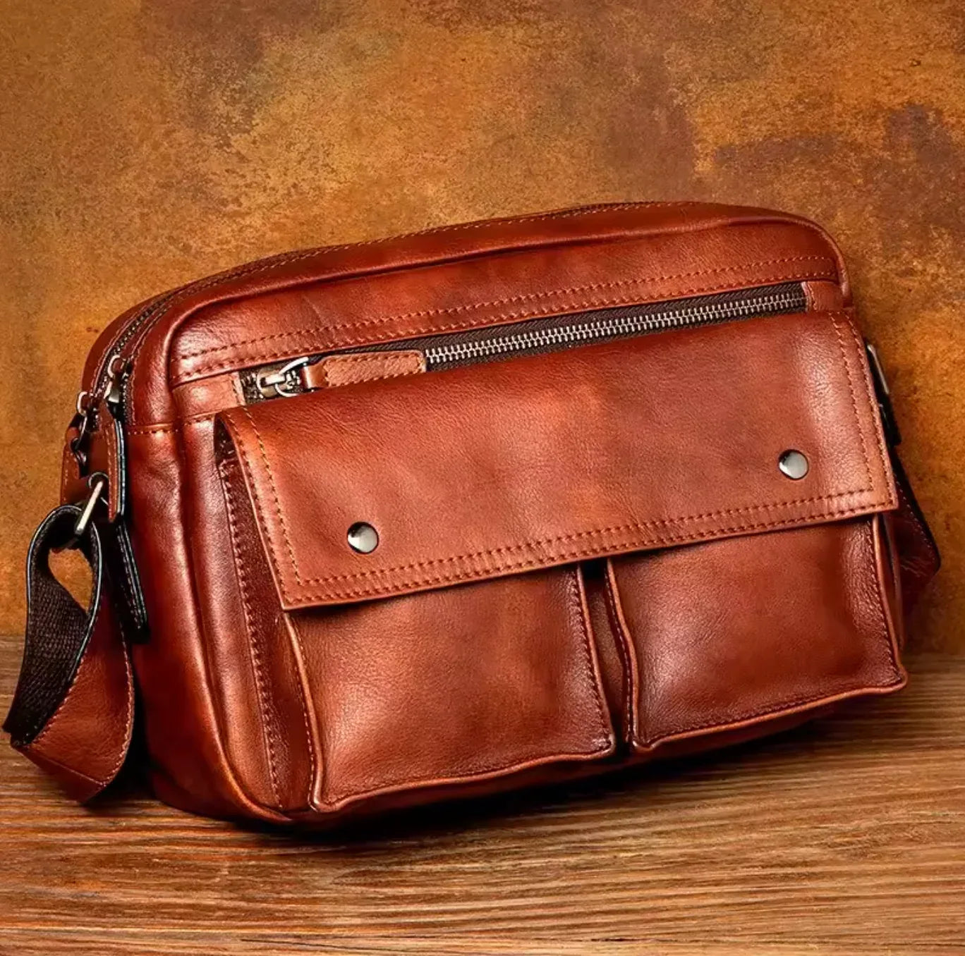 Men’s Brown Leather Messenger Bag with Front Pockets