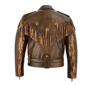 Brown Leather Fringe Jacket With Western Biker Styling