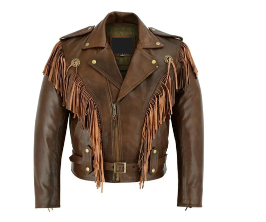 Brown Leather Fringe Jacket With Western Biker Styling
