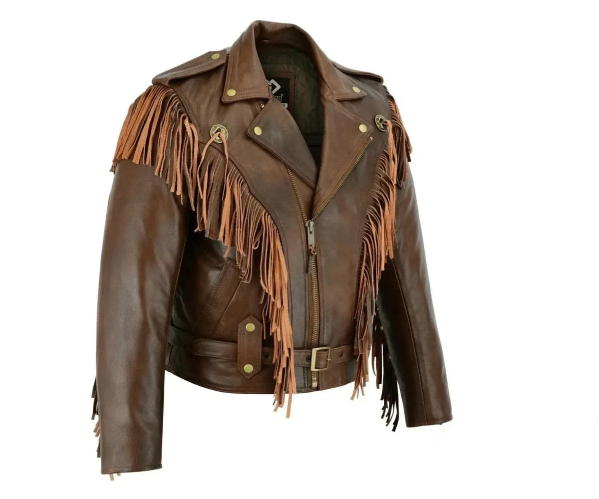 Brown Leather Fringe Jacket With Western Biker Styling