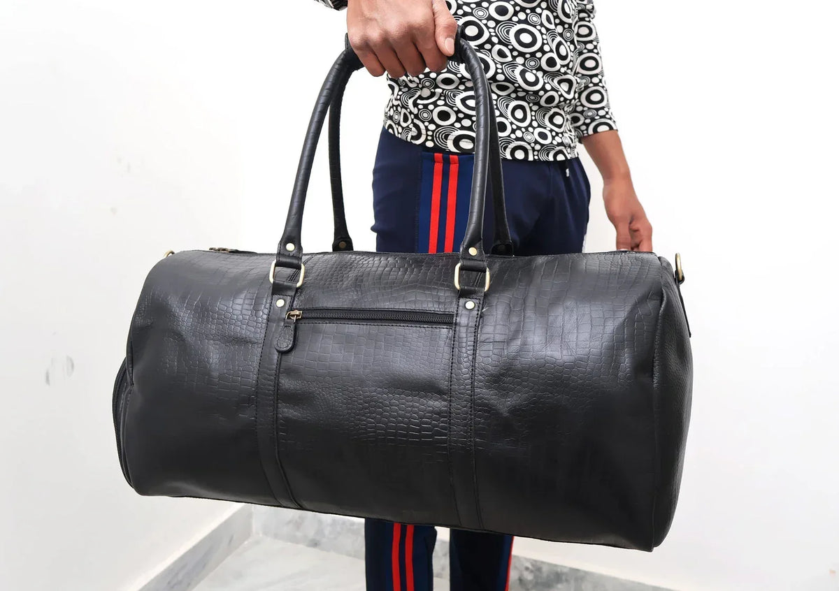 Leather Weekender Bag for Men with Shoe Compartment and Shoulder Strap