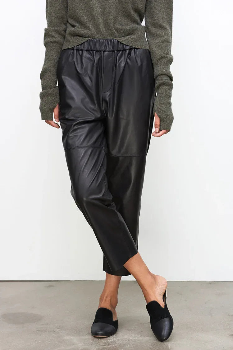 Women Brown Leather Pants Elastic Waist