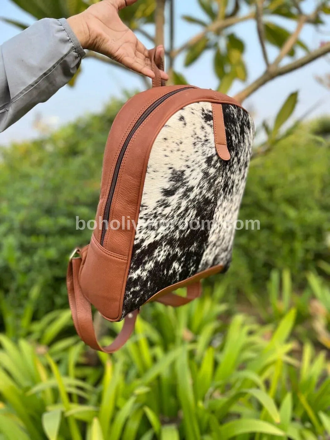 Black White Cowhide Backpack with Brown Leather Trim