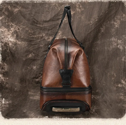 Retro Leather Wheeled Trolley Travel Bag Large Capacity