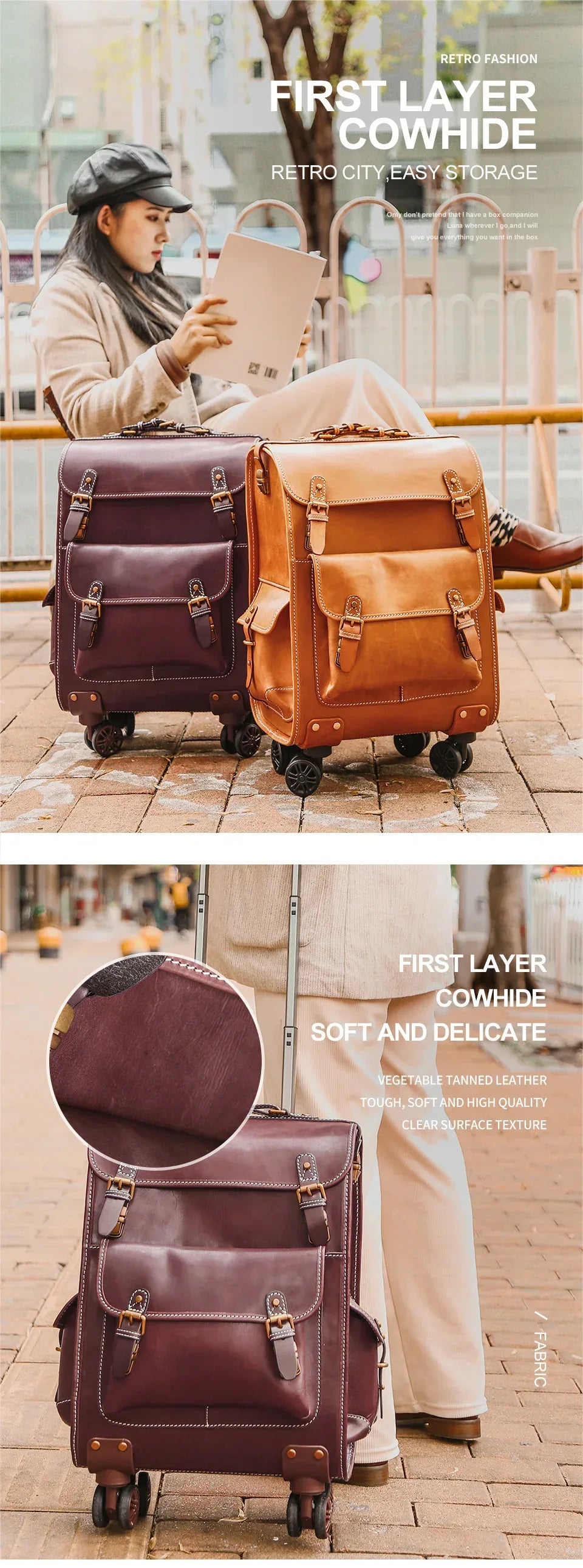 Vintage Leather Trolley Suitcase with Spinner Wheels