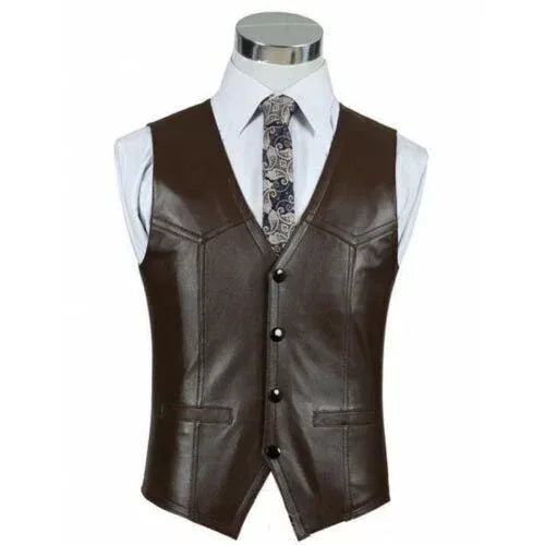 Authentic Men's Brown Leather Vest With Button Front