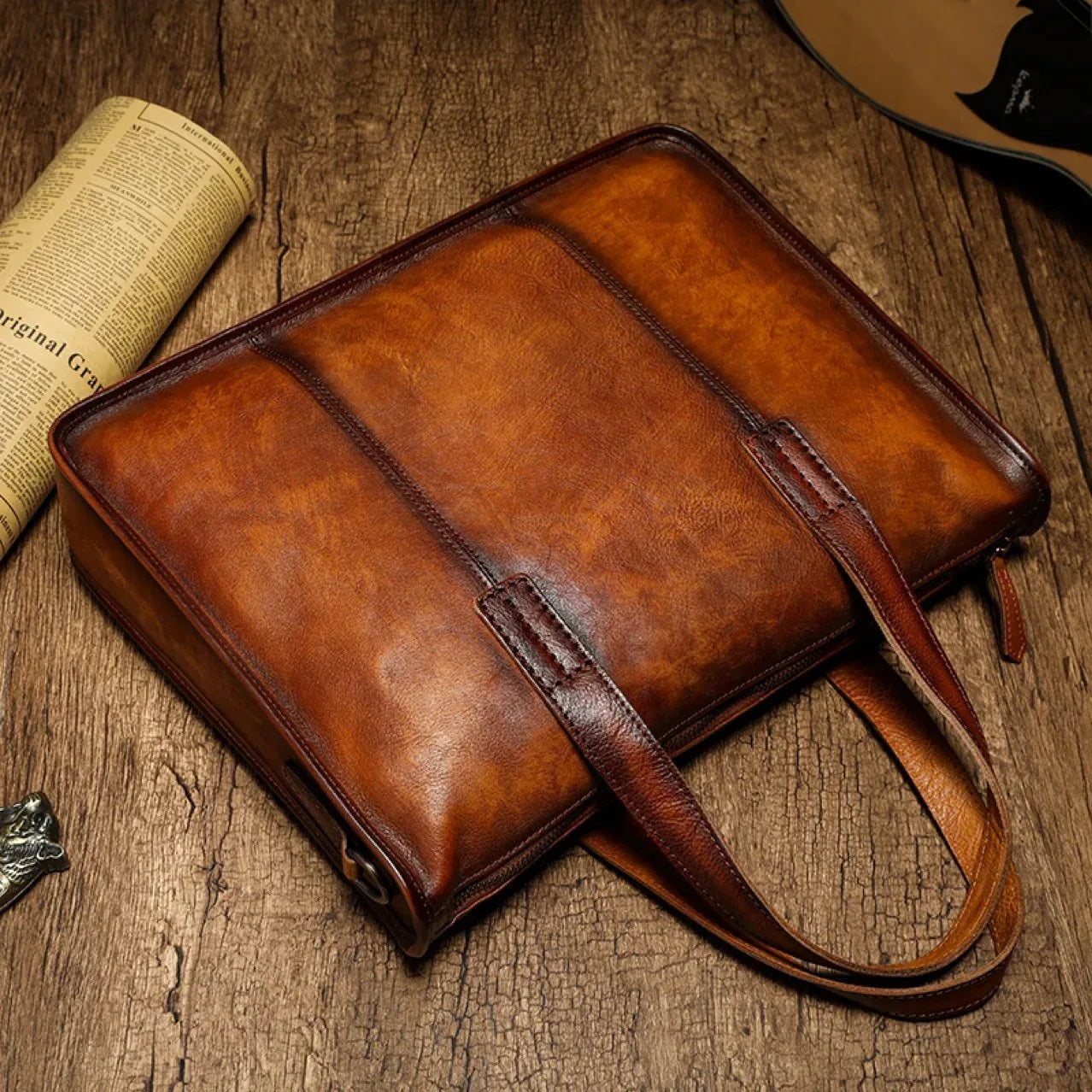 Full Grain Leather Messenger Bag for Men Laptop Work