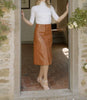 A Line Real Leather Skirt Brown Midi Button Front