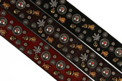 Studded Leather Belt with Skull and Bee Rivets