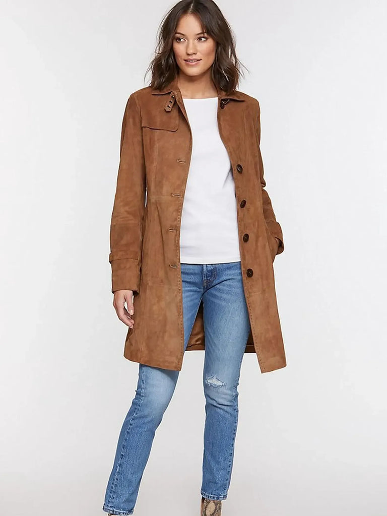 Suede Trench Coat Women Brown Long