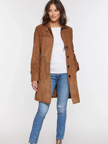 Suede Trench Coat Women Brown Long