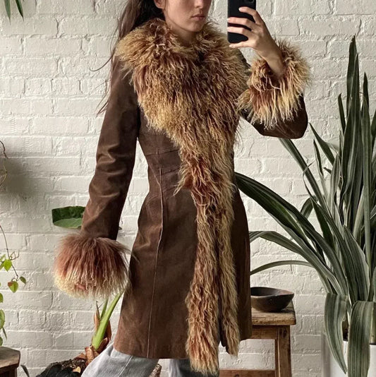 Suede Trench Coat Women Dark Brown Shearling Trim Coat