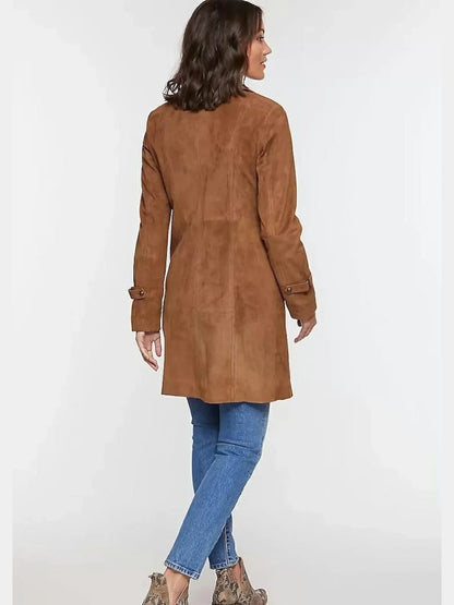 Suede Trench Coat Women Brown Long