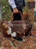 Brown White Cowhide Duffle Bag with Shoulder Strap