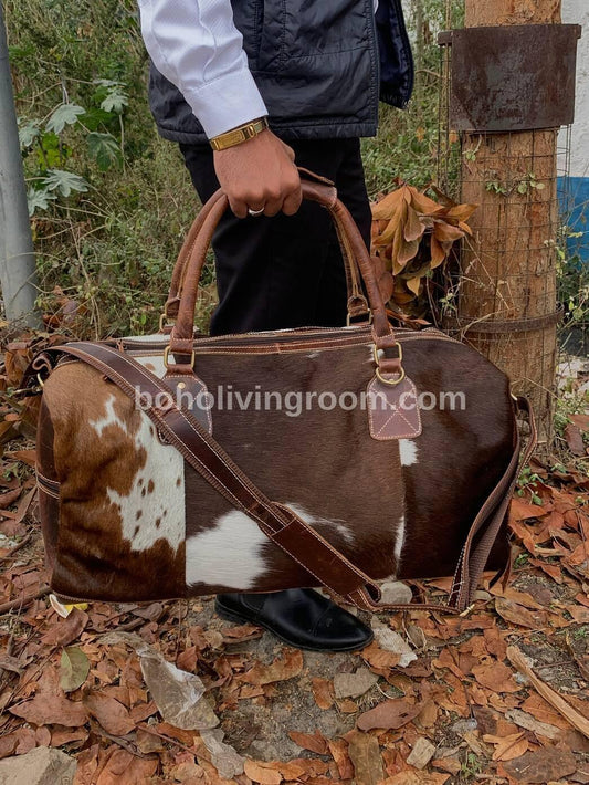 Brown White Cowhide Duffle Bag with Shoulder Strap