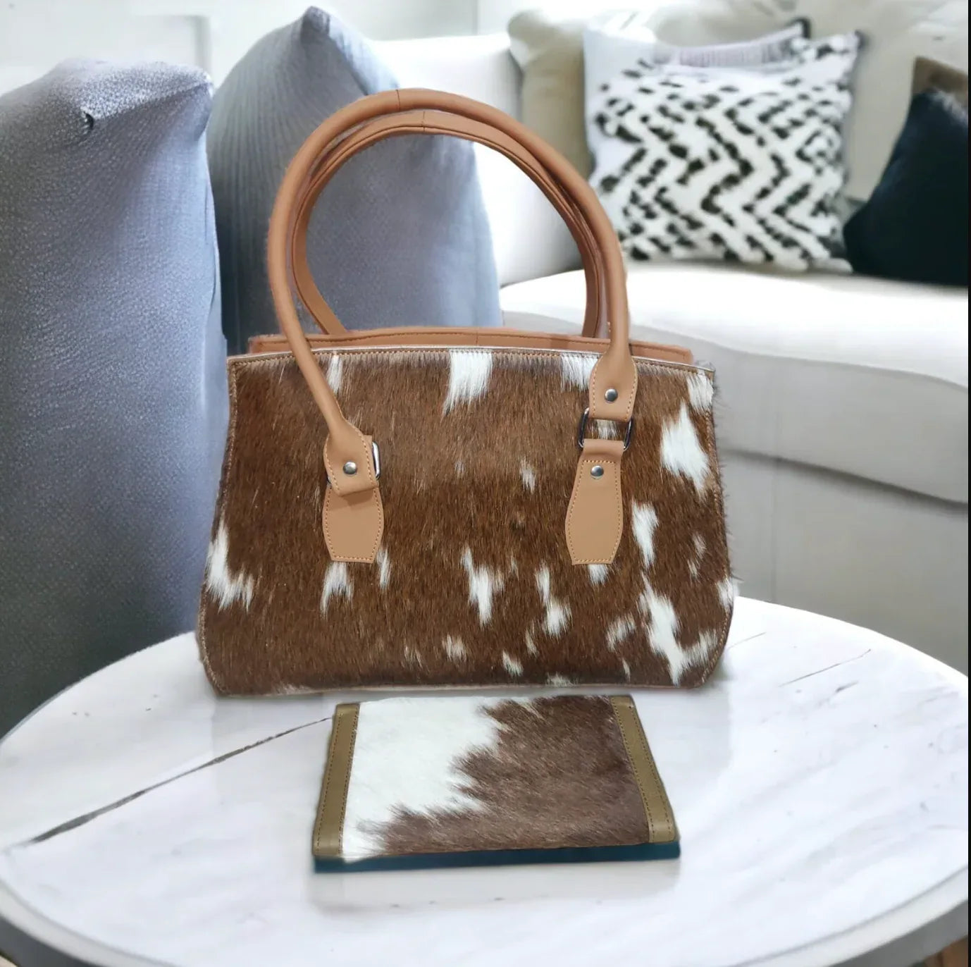 Women’s Hair On Cowhide Handbag with Matching Clutch