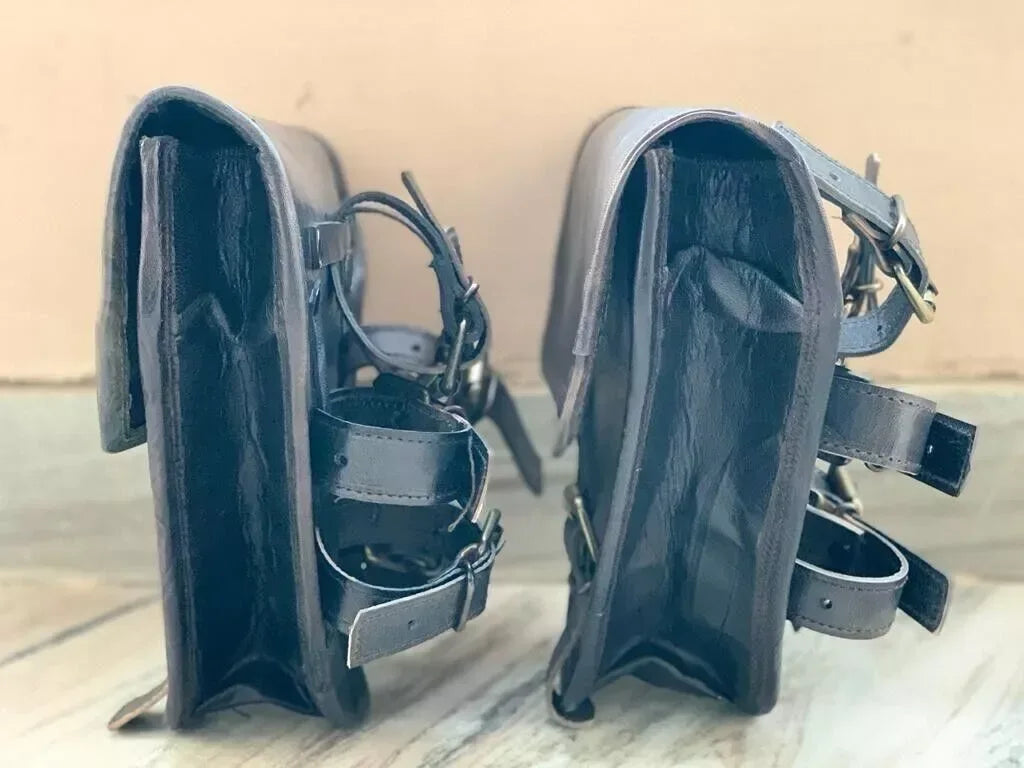 Leather Pannier Bags for Motorcycle with Buckle Straps