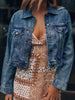 Button Up Cropped Distressed Denim Jacket