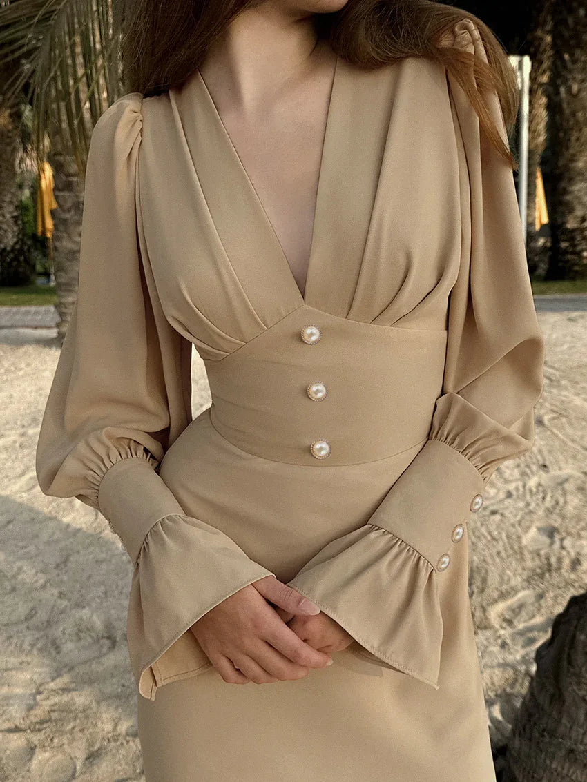 Baby Blue V Neck Long Sleeve Midi Dress