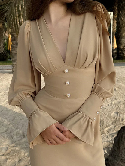 Baby Blue V Neck Long Sleeve Midi Dress