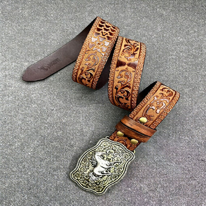 Men’s Western Cowboy Leather Belt with Horse Buckle