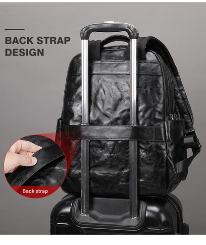 Genuine Black Leather Men’s Backpack with Trolley Sleeve